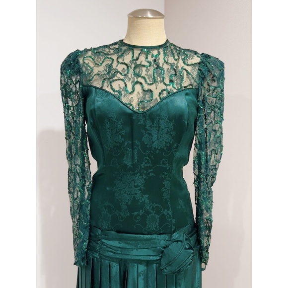 Jessica McClintock 1980s Vtg Green Long-sleeved Evening Gown Formal Dress Size 8 - Picture 5 of 9